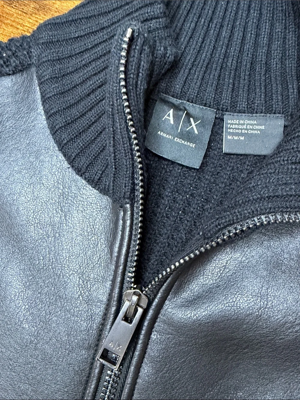 A/X Armani Exchange Black Leather-Front Knit Zip-Up Sweater Size Medium